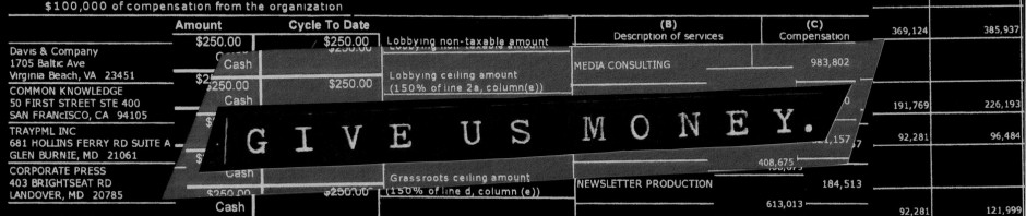 give us money banner grey scale Inverted